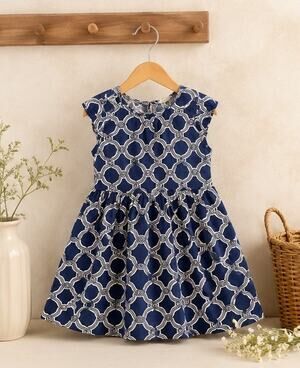 Lands' End Navy Blue White Classic Fit Flare Geometric Dress 8 Girls